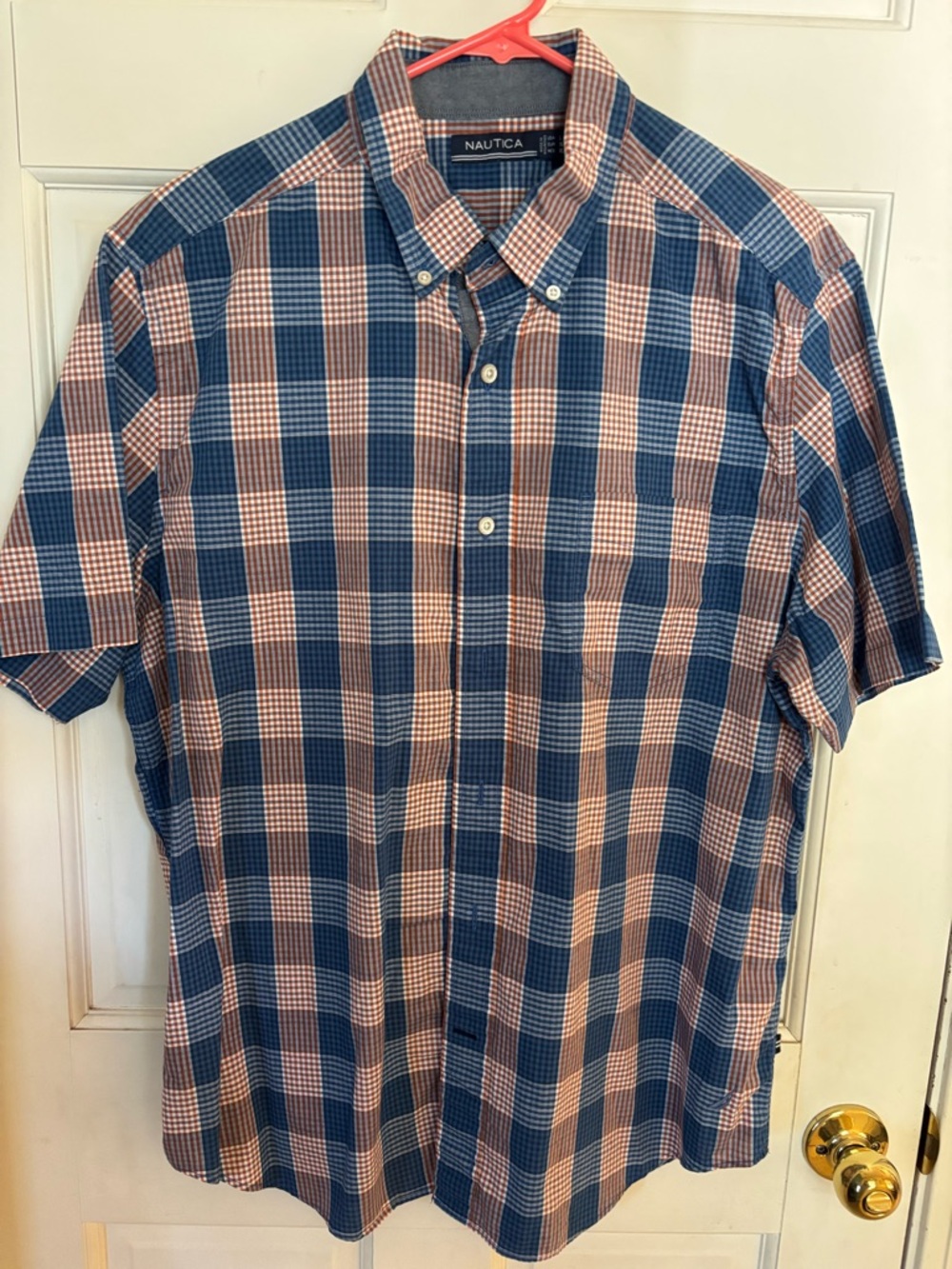 Nautica Blue and Tan Plaid Short-Sleeve Button-Down Shirt
